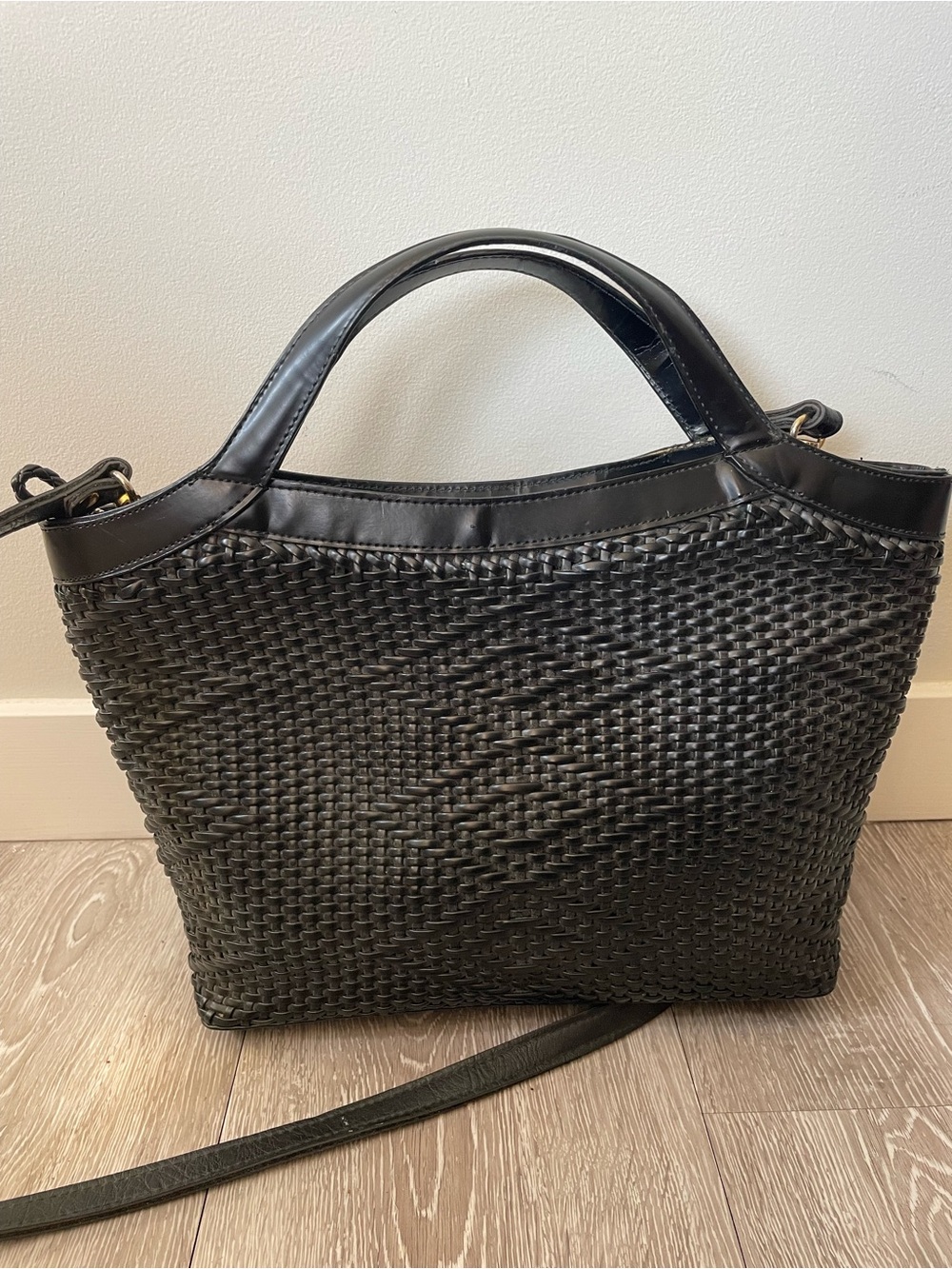 NEW Vintage Woven Crossbody Faux Leather Tote Bag Purse Black